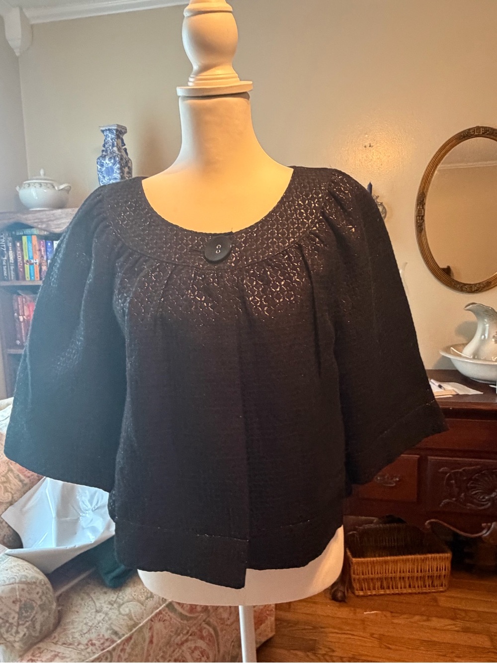 Black Women's Scoop-Neck Jacket with Button Detail